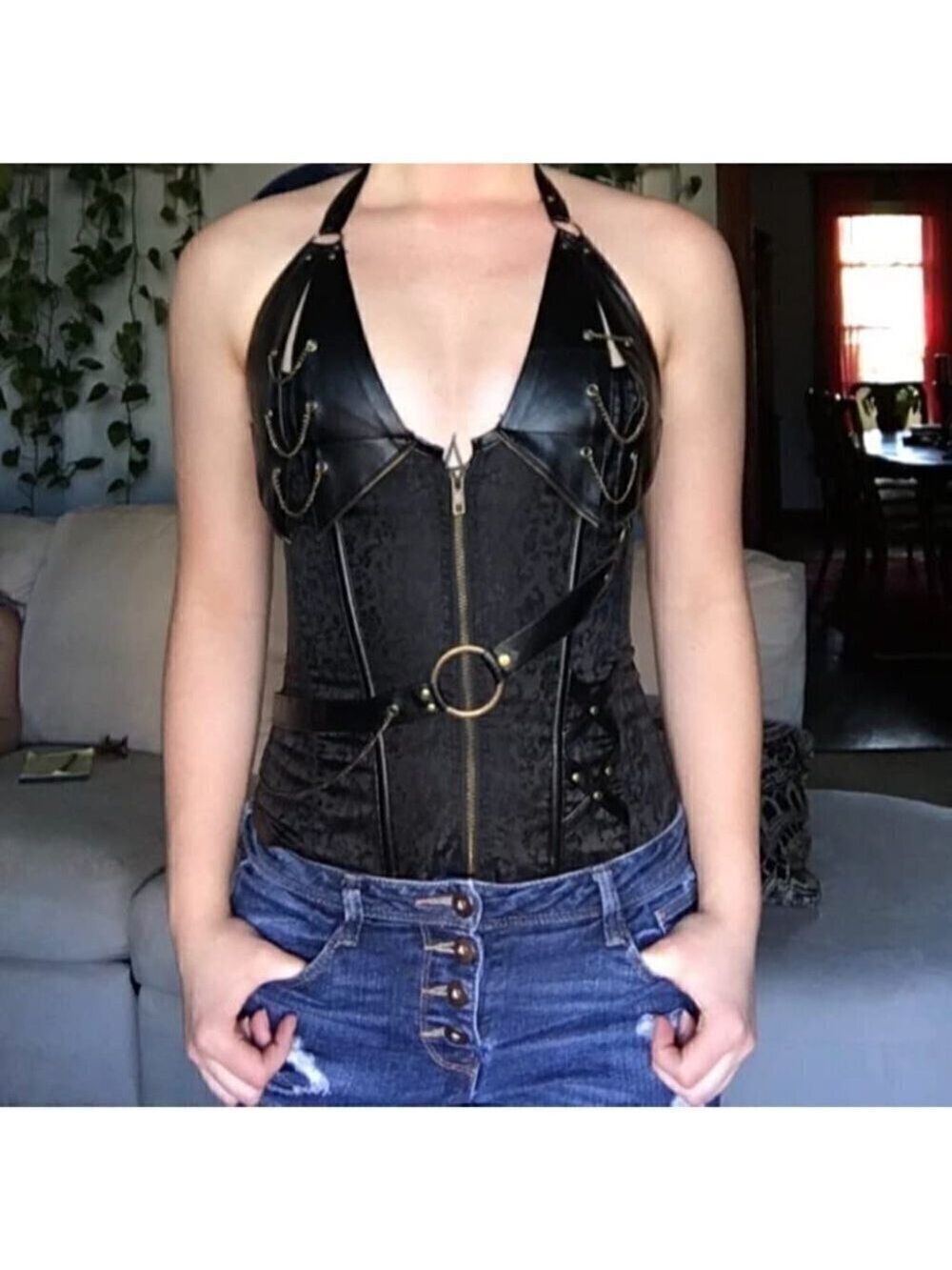STEAMPUNK Corset Top Steel Boned Underbust Renaissance Black Leather Cosplay NWT